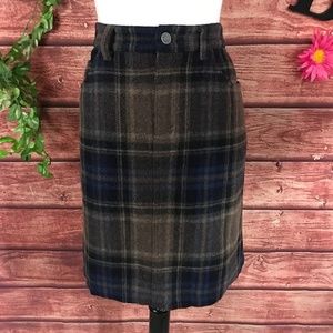 Eddie Bauer Skirt 8 Brown Blue Plaid Wool Preppy Pockets Casual Knee Career Slim